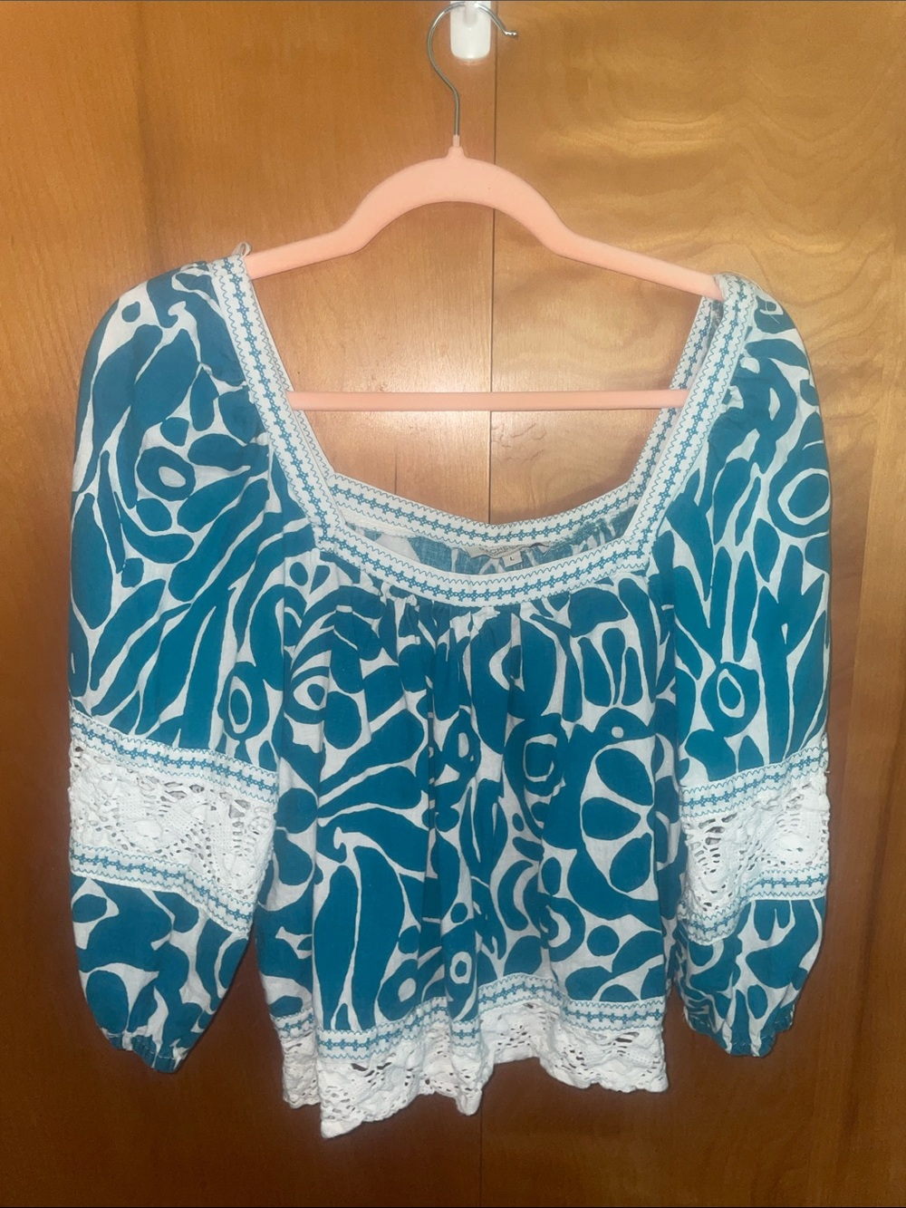 Rachel Zoe Teal and White Printed Peasant top